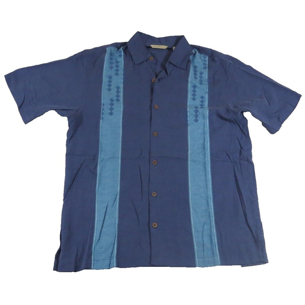 Tommy Bahama VTG Y2K Shirt Men M Blue Silk Pineapple Tag Embroidered Panel Camp